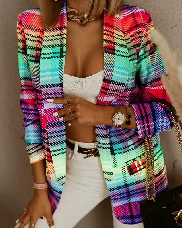 Women Fashion Casual Multicolor Plaid Long Sleeve Blazer Coat Women's Custom Suit