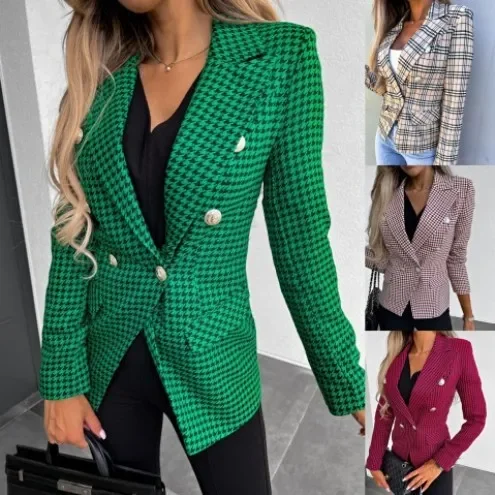 Women Fashion Plaid Print Long Sleeve Blazer Coat Women's Fashion Blazer