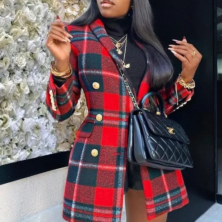 Women Fashion Red Plaid Long Blazers Women's Vintage Suit
