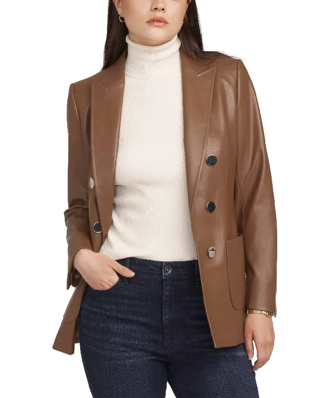 Women's Notched Collar Faux Leather Blazer Women's Denim Suit