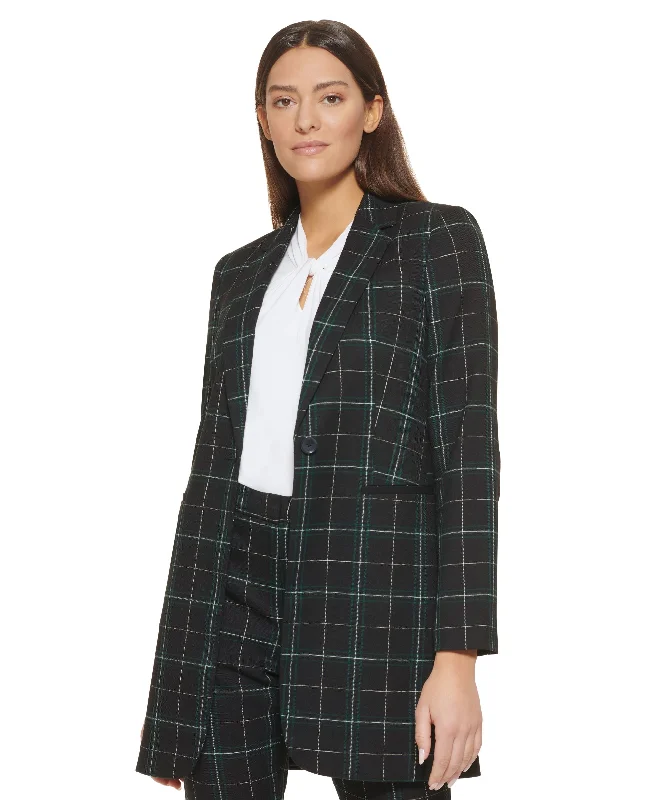 Women's Windowpane-Print One-Button Longline Blazer Women's Stripe Blazer