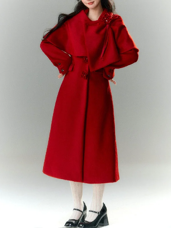 1950S Red Beaded Vintage Cape Long Coat Mesh Canvas Denim
