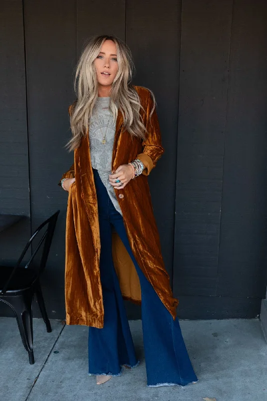 City Walks Velvet Duster Coat - Camel Appliqued Beaded Sequined