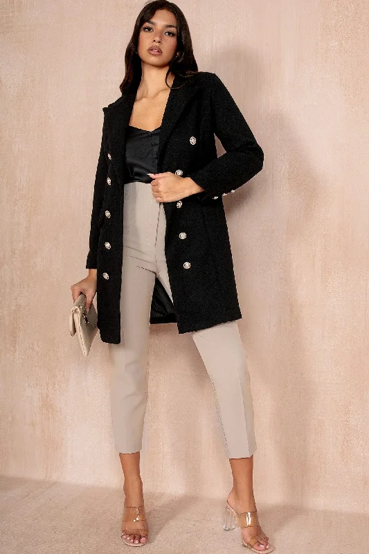 Julissa Black Double Breasted Coat Solid Print Jacquard