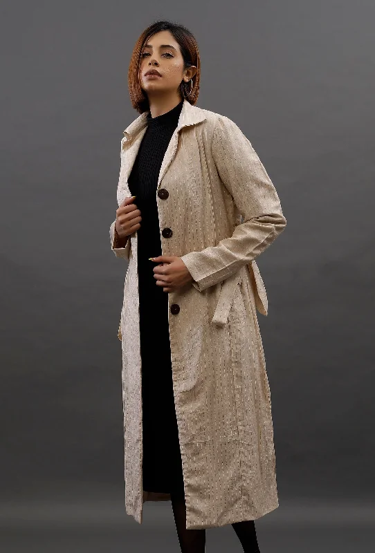 Marshall Ivory White Cotton Silk Trench Coat Collared Crew Neck Turtle Neck