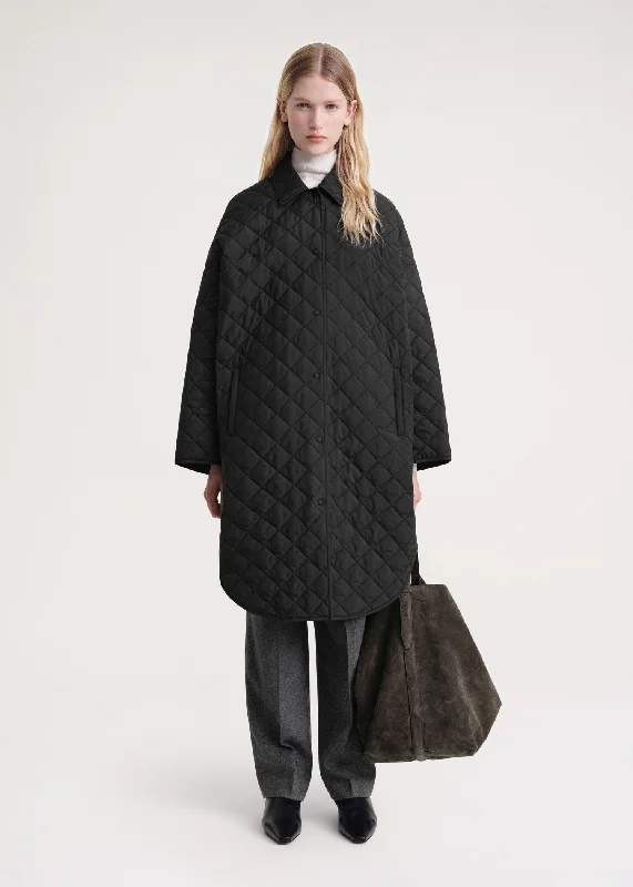 Quilted cocoon coat black Elasticated Drawstring Belted