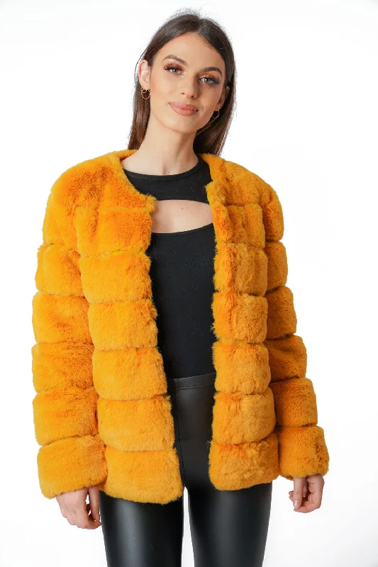 Soft Faux Fur Panel Coat Cuffed Rolled Raglan