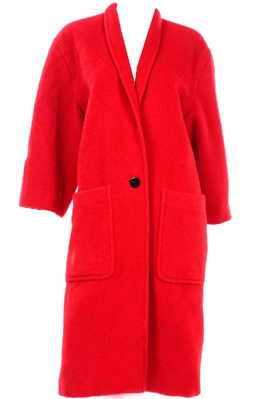 1980s Escada Vintage Red Alpaca Mohair Wool Coat With Pockets Buttoned Zippered Snapped