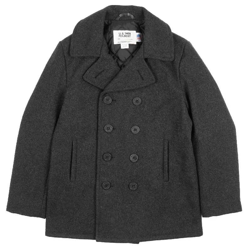 740 - Classic Melton Wool Navy Pea Coat - Dark Oxford Grey Three-Quarter Sleeve Elbow Sleeve Wrist Sleeve