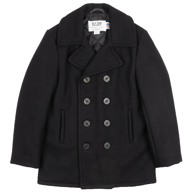 740 - Classic Melton Wool Navy Pea Coat - New Navy Bomber Denim Leather