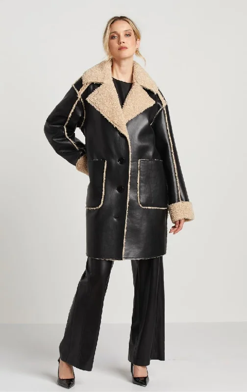 Adroit- Faux Shearling Coat Vent Hem Cuff