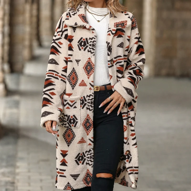 Cozy Winter Boho Chic Aztec print women's long line coat | Women's outerwear | Long Overcoat Plaid Tartan Floral