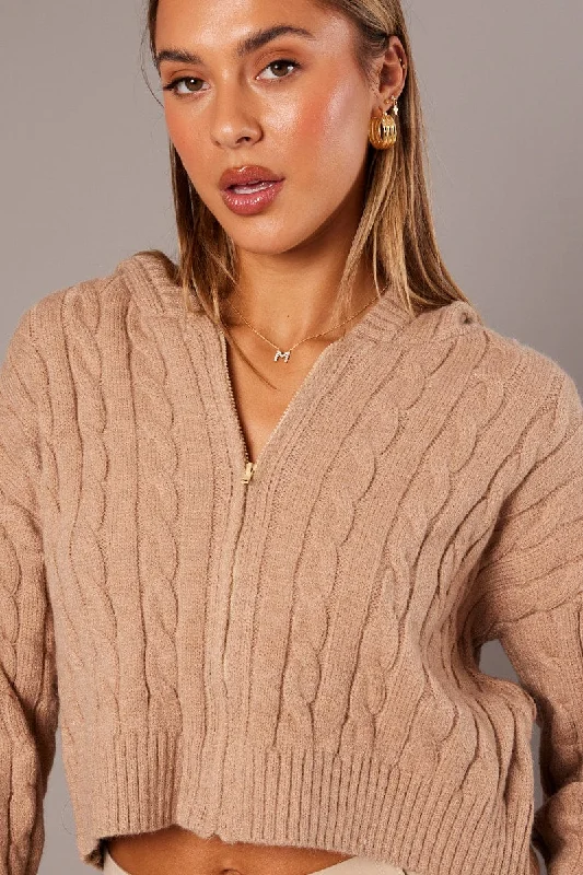 Beige Hooded Cardigan Long Sleeve Cable Knit Zip Up Wool Cardigan Cotton Cardigan Cashmere Cardigan