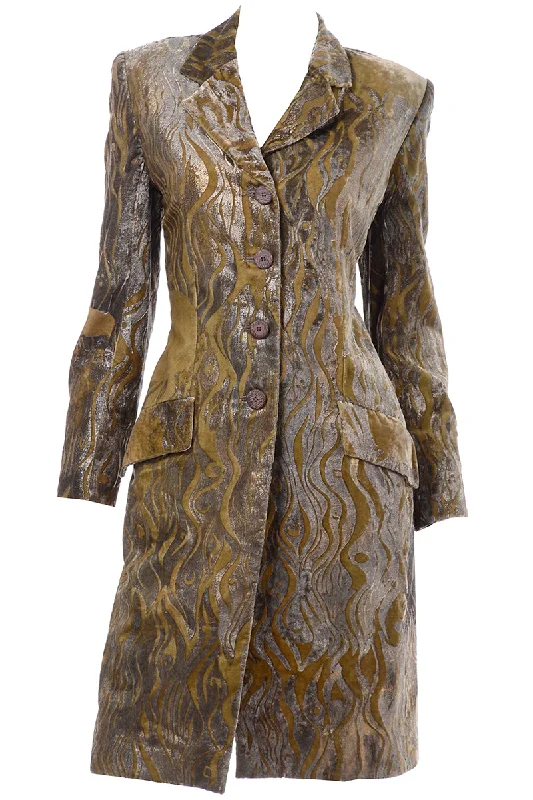 F/W 1997 Bill Blass Gold & Green Metallic Vintage Hand Painted Velvet Coat Trench Wool Cashmere F/W 1997 Bill Blass Gold & Green Metallic Vintage Hand Painted Velvet Coat Trench Wool Cashmere