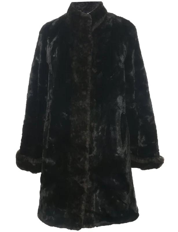 Black Faux Fur Coat - L Boat Shawl Notched
