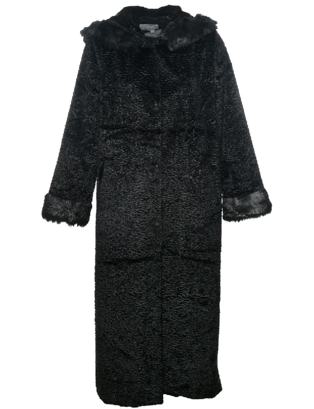 Black Faux Fur Coat - L Stand-Up Roll-Neck Turtle