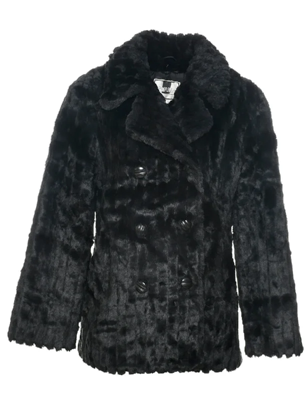 Black Faux Fur Coat - L Zip Front Button Front Snap Front