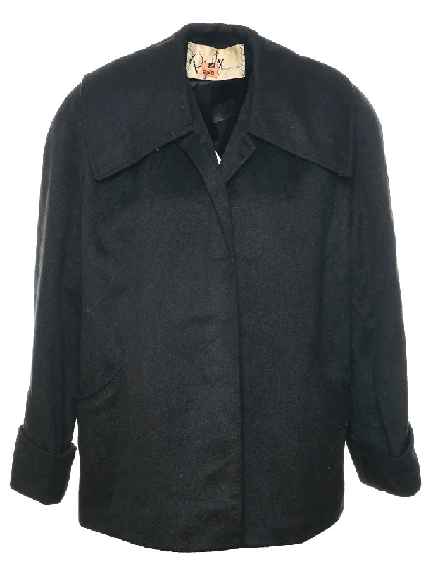 Black Faux Fur Coat - L Welt Pockets Slit Pockets Flap Pockets