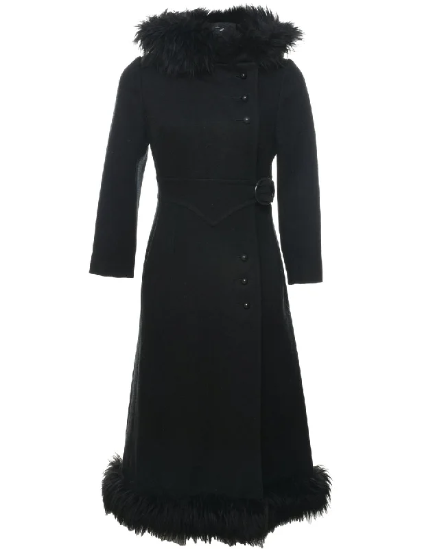 Black Faux Fur Trim Wool Coat - M Satin Silk Chiffon