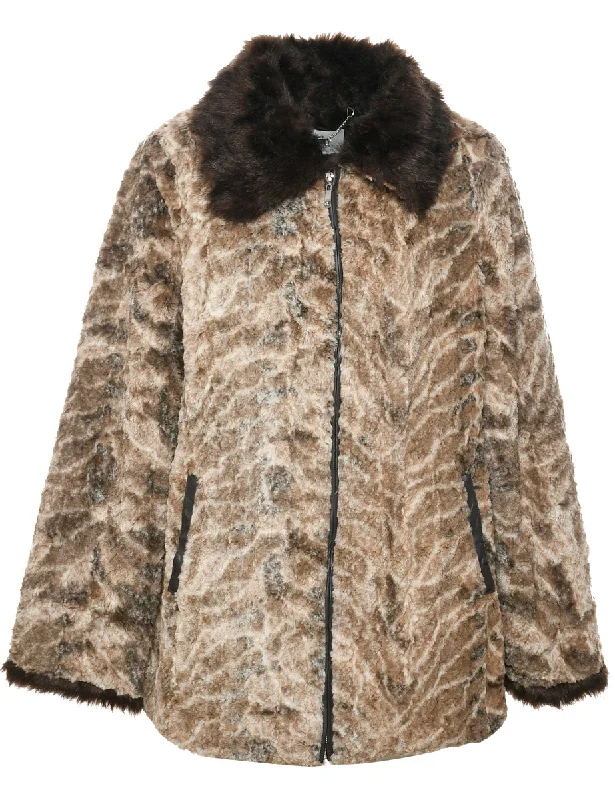 Brown Faux Fur Coat - L Square Neck One-Shoulder Off-the-Shoulder