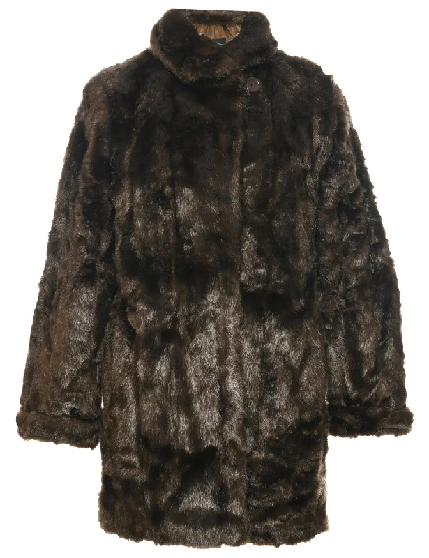 Brown Faux Fur Coat - M Asymmetrical Collar Hooded Zippered