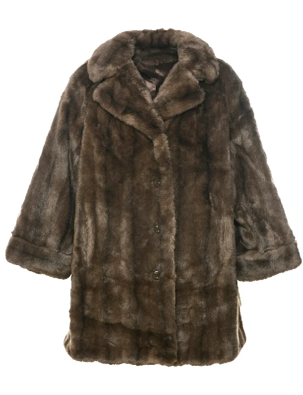 Brown Faux Fur Coat - M Buttoned Toggled Snapped
