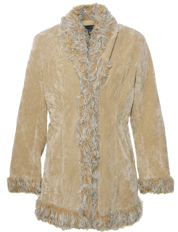 Brown Fur Collar Coat - M Pockets Sleeves Lining