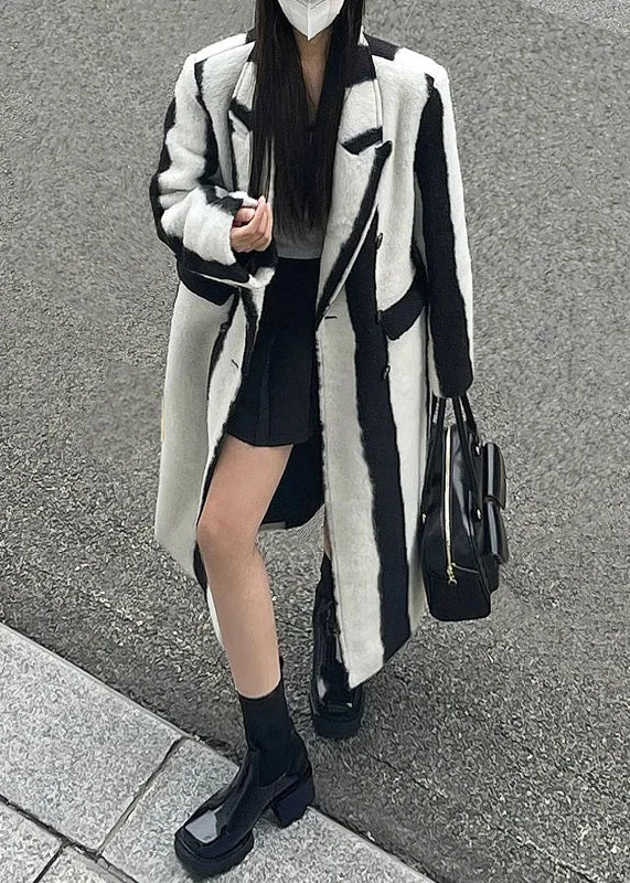 Casual Black White Striped Notched Button Woolen Maxi Coats Winter Anorak Windbreaker Fleece