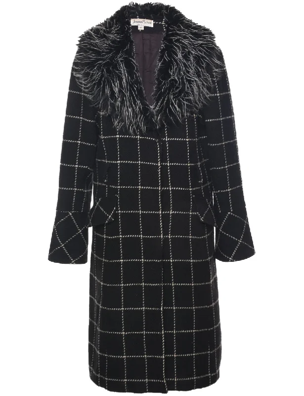 Checked Fur Collar Coat - L Fleece Down Feather