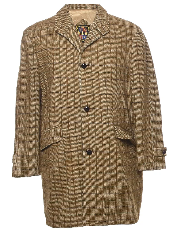 Checked Light Brown Coat - L Rayon Velvet Corduroy
