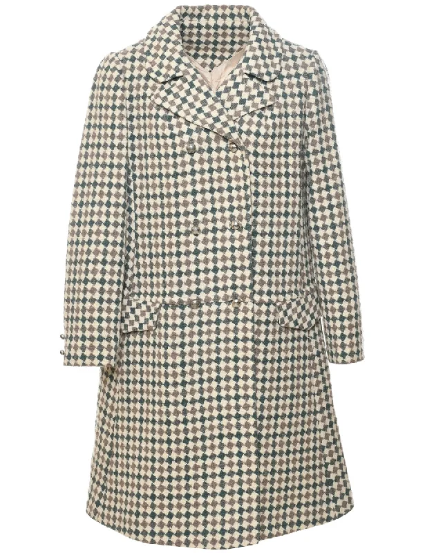 Checked Pattern Wool Coat - M Embroidered Appliqued Beaded