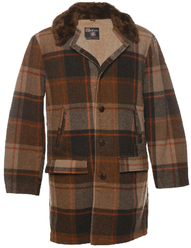 Checked Wool Coat - L Elasticated Drawstring Belted