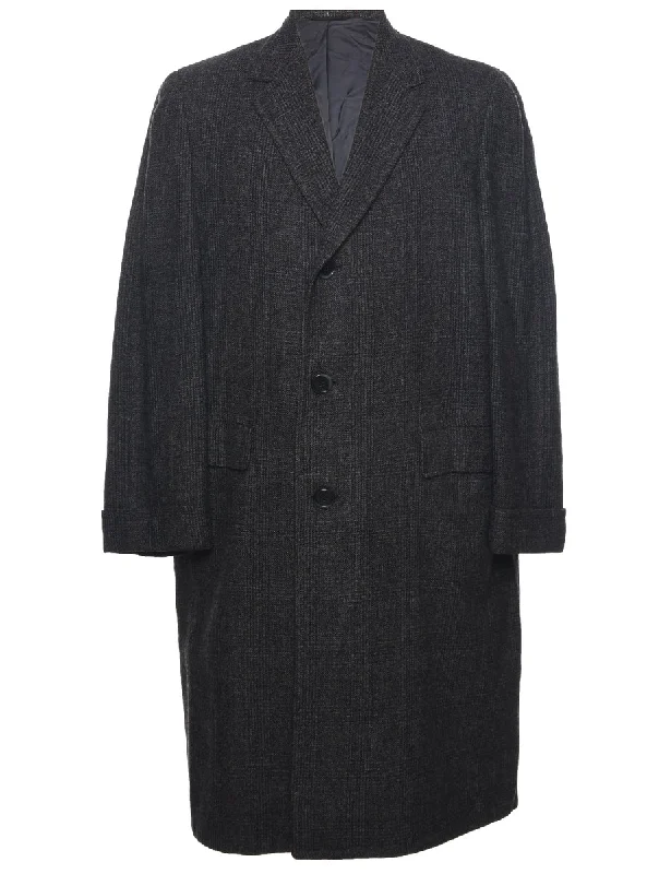 Checked Wool Coat - L Cuffed Rolled Raglan
