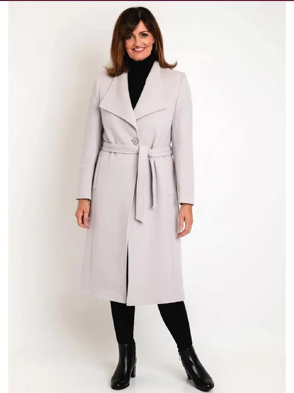 Christina Felix Wool and Cashmere long Belted coat Oyster Square Neck One-Shoulder Off-the-Shoulder