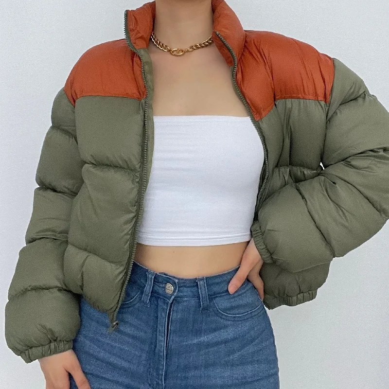 Contrast long sleeve high neck zip-up pocket coat Front Pockets Side Pockets Patch Pockets