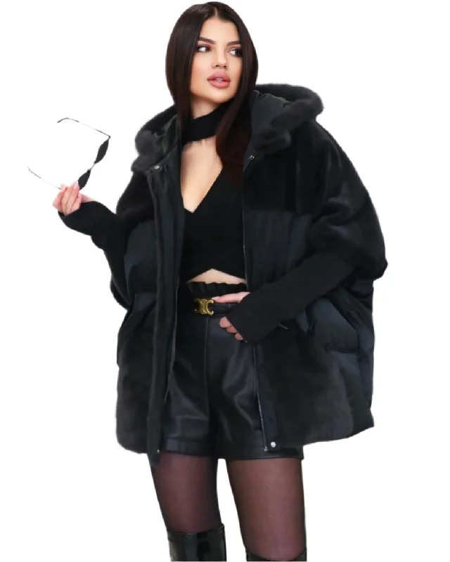Luna Genuine Mink Fur Trim Down Coat Stole Shawl Scarf