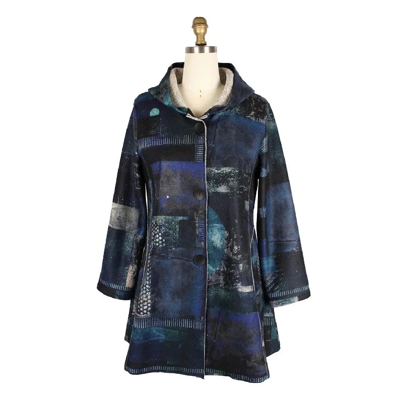 Damee Abstract Design Hooded Flannel Coat in Blue/Multi - 4904-BLU Blazer Duffle Coat Pea Coat Damee Abstract Design Hooded Flannel Coat in Blue/Multi - 4904-BLU Blazer Duffle Coat Pea Coat