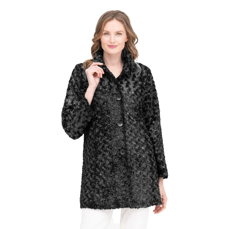 Damee Rosette Swirl Faux Fur Coat in Silver/Black - 4924-SLV Raincoat Turtleneck Coat Wrap Coat