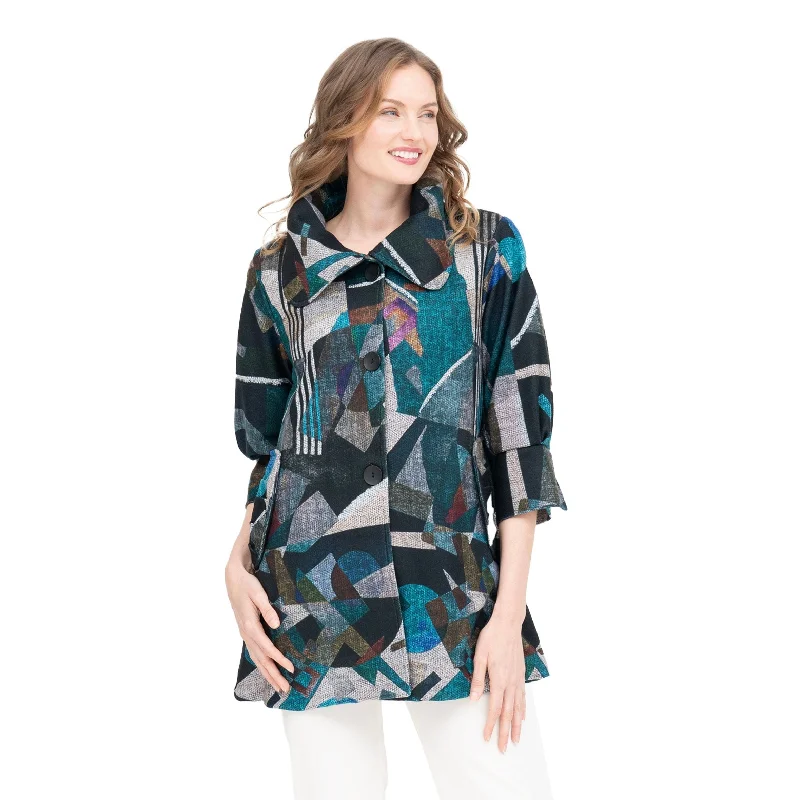 Damee Abstract Herringbone Swing Coat in Teal - 4903-TL Chenille Brocade Lace