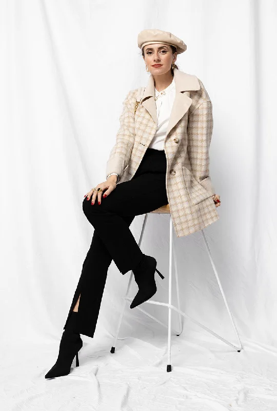 Edie Reversible Wool Coat - Plaid & Ivory Satin Silk Chiffon
