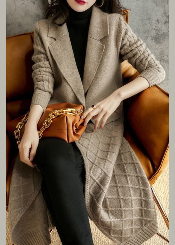 Fitted Grey Notched Thick Wool Knit Maxi Coat Winter Plaid Tartan Floral
