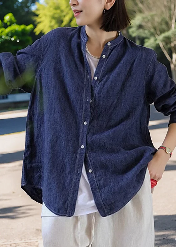 Handmade Navy O-Neck Patchwork Button Coats Fall Striped Polka Dot Solid