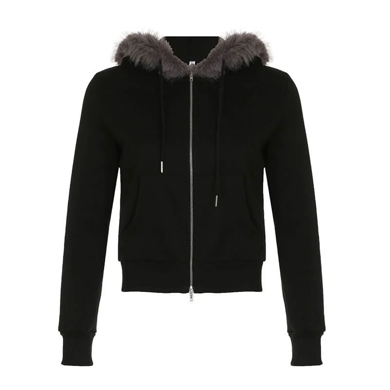 Hoodie long sleeve fluffy zip-up coat top Mesh Canvas Denim