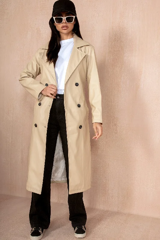 Kenya Cream Leather Look Trench Coat Cuffed Rolled Raglan