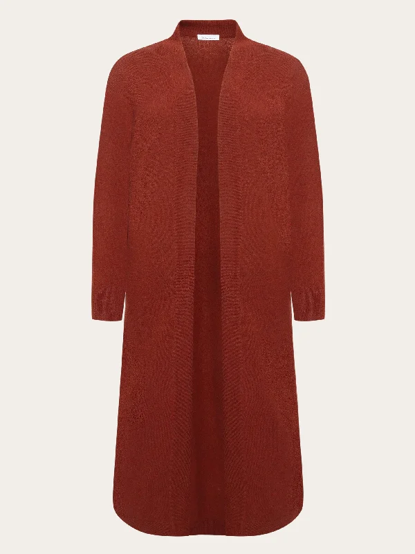 Lambswool long cardigan - RWS - Fired Brick Transparent Opaque Sheer