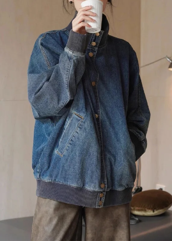 Loose Denim Blue Stand Collar Pockets Button Coats Spring Quilted Jacket Anorak Windbreaker Loose Denim Blue Stand Collar Pockets Button Coats Spring Quilted Jacket Anorak Windbreaker