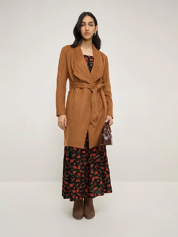 LOV Tan Faux-Suede Coat with Belt Cape Coat Herringbone Coat Tweed Coat