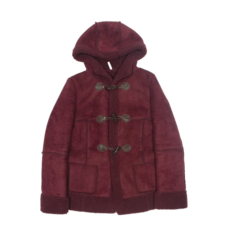 NAF NAF Teddy Fleece Lined Suede Feel Duffle Coat Maroon Womens M Off-the-Shoulder Jacket Double-Breasted Coat Single-Breasted Coat