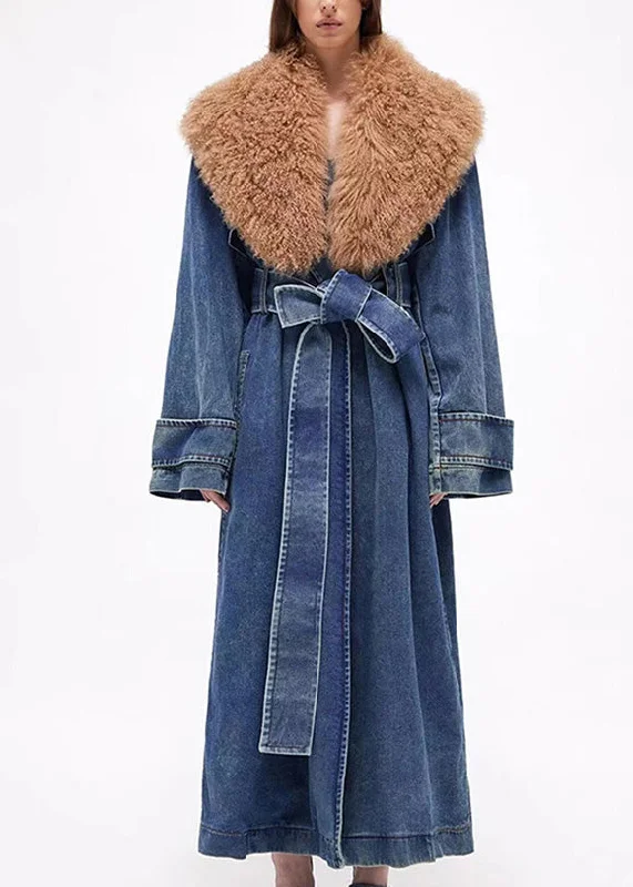Plus Size Denim Blue Fur Collar Patchwork Tie Waist Long Trench Coats Winter Turtleneck Wrap Cape Plus Size Denim Blue Fur Collar Patchwork Tie Waist Long Trench Coats Winter Turtleneck Wrap Cape