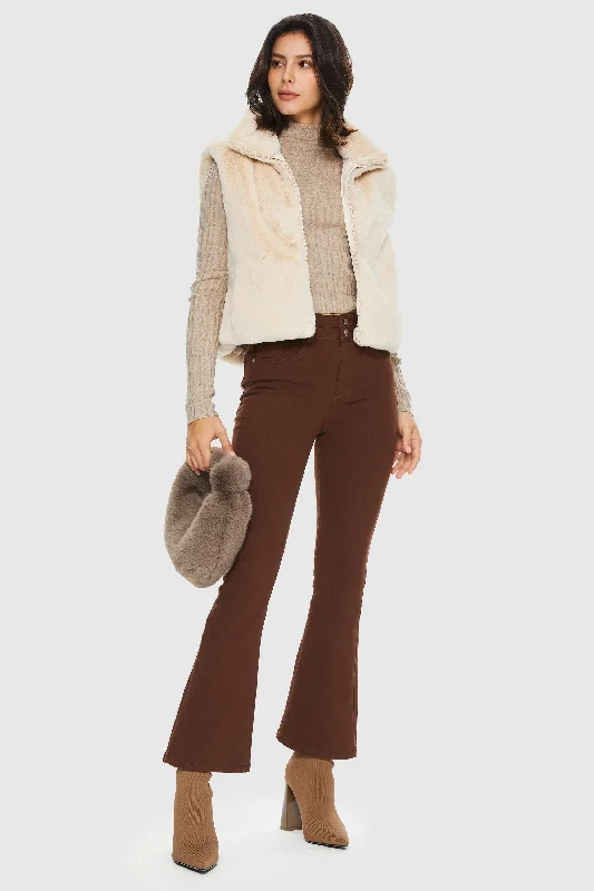 Solid Zip Up Faux Fur Vest Coat Sequined Lace Ribbed